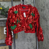 33 Degrees Tinsel Garland Bells Tie-Front Holiday Cardigan Red S