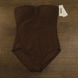 DKNY Womens Textured Shirred One-Piece Bandeau Swimsuit Mocha Texture Brown L