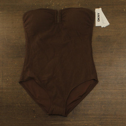 DKNY Womens Textured Shirred One-Piece Bandeau Swimsuit Mocha Texture Brown L