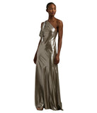 Lauren Ralph Lauren Chiffon One-Shoulder Gown Pewter Brown Silver Foil 10