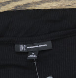 Inc International Concepts Ruched Long Sleeve Ribbed Henley Top Deep Black M