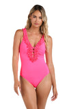 La Blanca Womens Island Goddess Ruffled Plunge One Piece Swimsuit Bright Pink 4
