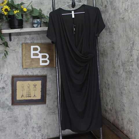 24Seven Womens Plus Size Knit Faux Wrap Short Sleeve Dress Black 1X