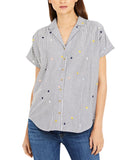 A Pea in the Pod Cotton Button Up Embroidered Maternity Shirt Blue Dot Stripe L