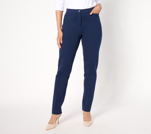 Susan Graver Regular Smart Ponte Knit Slim Leg Trouser Pants Navy Blue M