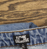 Future Collective Womens Mid-Rise Studded Barrel Leg Jeans Blue Denim 18