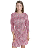 Halston Tweed Faux Wrap Embellished 3/4 Sleeve Shift Dress Fuchsia Pink 12