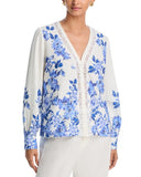 Aqua Button Up Lace Trim Placed Floral Blouse IBO26966 Blue Multi M