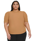 Calvin Klein Womens Plus Size Ruffle-Neck Button-Sleeve Shirt Luggage Brown 2X
