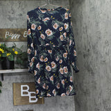 Ny Collection Long Sleeve V-Neck Dress with Smocked Cuffs Navy Floral Blue M