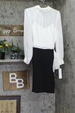 Calvin Klein Neck Chiffon Waist Tie Sash Crepe Skirted Dress Cream / Black 14