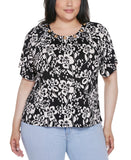 Belldini Grommet Detail Floral Short Sleeve Knit Top AK250442X Black Combo 1X