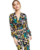 Bar III Printed Tie-Waist Wrap Blouse 100143295 Miami Bloom Black Multi M