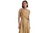 Lauren Ralph Lauren Womens Buckle-Trim Metallic Chiffon Dress Birch Tan Gold 14
