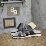 Bearpaw Leather Buckle Strappy Slip On Open Toe Sandals Black / Gray Multi 6M