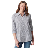 Gloria Vanderbilt Amanda Monogram Button Down Shirt Marine Navy Blue Stripe S
