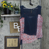 Skye's The Limit Mixed Media Asymmetrical Sleeveless Shirt Top Blue Multi L