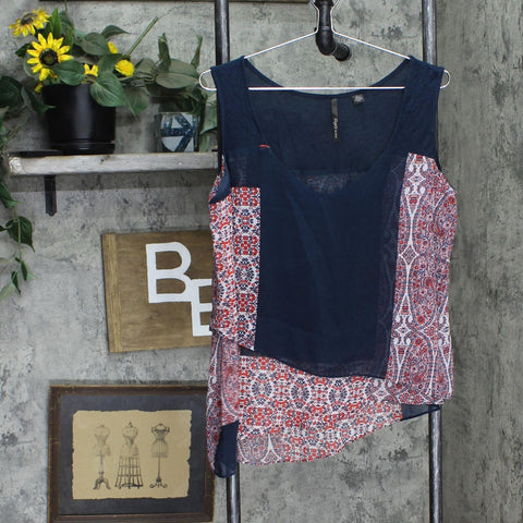 Skye's The Limit Mixed Media Asymmetrical Sleeveless Shirt Top Blue Multi L