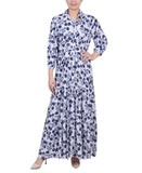 Ny Collection Petite 3/4 Sleeve Crinkle Tiered Maxi Dress White Navy Floral PS