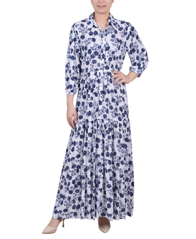 Ny Collection Petite 3/4 Sleeve Crinkle Tiered Maxi Dress White Navy Floral PS