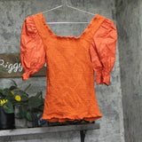 INC International Concepts Smocked Puff-Sleeve Solid Top Summer Fig Orange S
