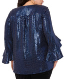 MSK Plus Size V Neck Bell Sleeve Sequin Knit Blouse Top Shirt NAVY BLUE 1X
