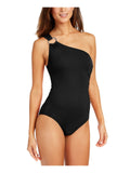 Michael Kors Womens Iconic Solids Ring One Shoulder One-Piece Swimsuit Black 12