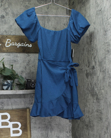 Trixxi Puff-Sleeve Side-Tie Fit Flare Faux Wrap Mini Dress Dark Teal Blue S
