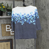 Karen Scott Womens Petite Floral-Print Striped Top 100109916PT Blue Multi PP
