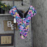 Swim Solutions Neck Garden Dreams Flutter One-Piece Swimsuit Navy Blue Multi 12