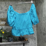 Jessica Simpson Ami Cotton Sweetheart Adjustable Tie Blouse Top Pagoda Blue XL