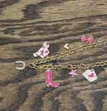 Avenue Womens Fashion Western Cowgirl Charm Necklace Gold / Pink Multi 18" + 3"