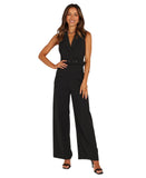 Petal And Pup Sienna Belted Buckle Pleated Collared V Neck Jumpsuit Black L
