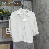 PQ Blake Button Down Crochet Cover Up Shirt Biscotti Off White Lurex M/L