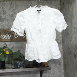Aqua Embroidered Lace Button-Down V-Neck Top IBO27123 White 2XS