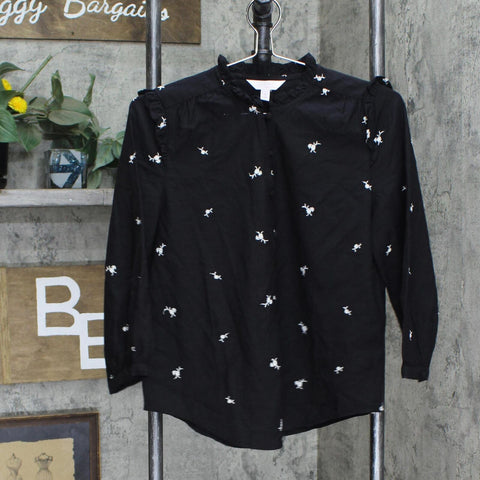 LC Lauren Conrad Womens Long Sleeve Flutter Button Up Embroidered Shirt Black S