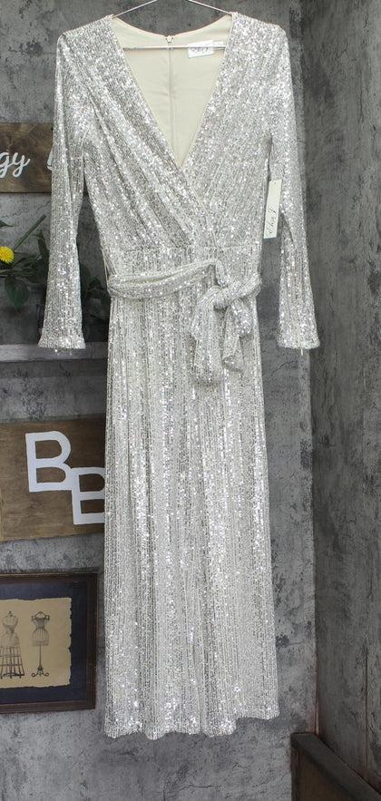 Eliza J Womens Stretch Sequined Faux-Wrap Belted Jumpsuit Matte Gold Brown 6