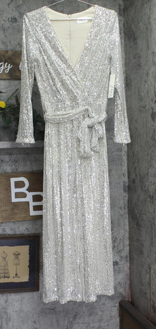 Eliza J Womens Stretch Sequined Faux-Wrap Belted Jumpsuit Matte Gold Brown 6