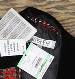 Kasper Notch Collar Open Front Tweed Jacket  w/ Velvet Neck Fire Red Multi 8