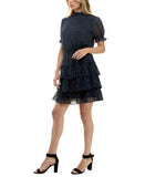 Crystal Doll Printed-Chiffon Short Sleeve Babydoll Dress Navy Blue / White XL