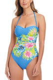 Bleu Rod Beattie Shirred Bandeau One-Piece Swimsuit Lets Get Away Print Blue 10