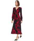 Tommy Hilfiger Surplice-Neck Long Sleeve Smocked Midi Dress Black / Scarlet 8