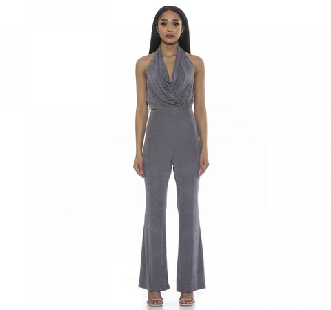 Alexia Admor Women's Leilani Draped Halter Neck Flared Jumpsuit Silver Gray XS
