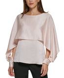 DKNY Womens Petite Solid Crewneck Smocked-Cuff Cape Blouse Champagne Pink PM