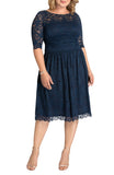 Kiyonna Luna Mesh Lace 3/4 Sleeve Cocktail Midi Dress 12120901 Indigo Blue 2X