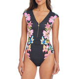 Bleu Rod Beattie Escape Cap Sleeve One Piece Swimsuit Zip Front Black Multi 10