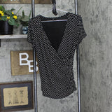 Talbots Womens V-Neck Faux Wrap Blouse Shirt Top Black / White Polka Bot PM