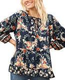Bila Womens Woven Split Neck Three-Quarter Sleeve Top WY815 Navy Blue L