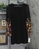 MSK Round Neck Contrast Sheer Long Sleeve Midi Shift Dress Black / Multi PS