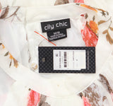 City Chic Hi-Low Sleeveless Pleated Tunic Top Ivory Floral Crush White 18W